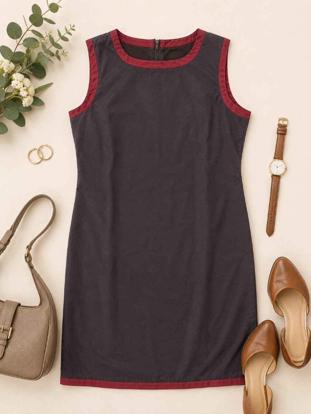 Eddie Bauer Sleeveless Shift Dress XL Brown Burgundy Trim Stretch Back Zip